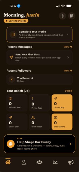 A bartender's dashboard in the Bar Bunny app, showing reach and blast stats