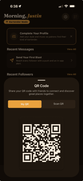 Sharing a bartender's QR code in the Bar Bunny app