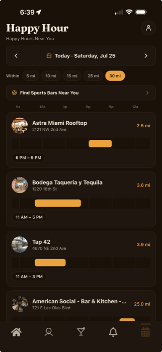 The Happy Hour Timeline in the Bar Bunny app, showing nearby happy hours and start times