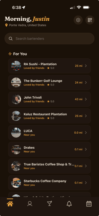 Bar Bunny app showing nearby bartenders and venues to follow